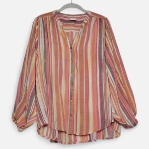 Zac & Rachel Striped Dolman Sleeve Button Up Blouse Gauzy Coastal Lightweight LG